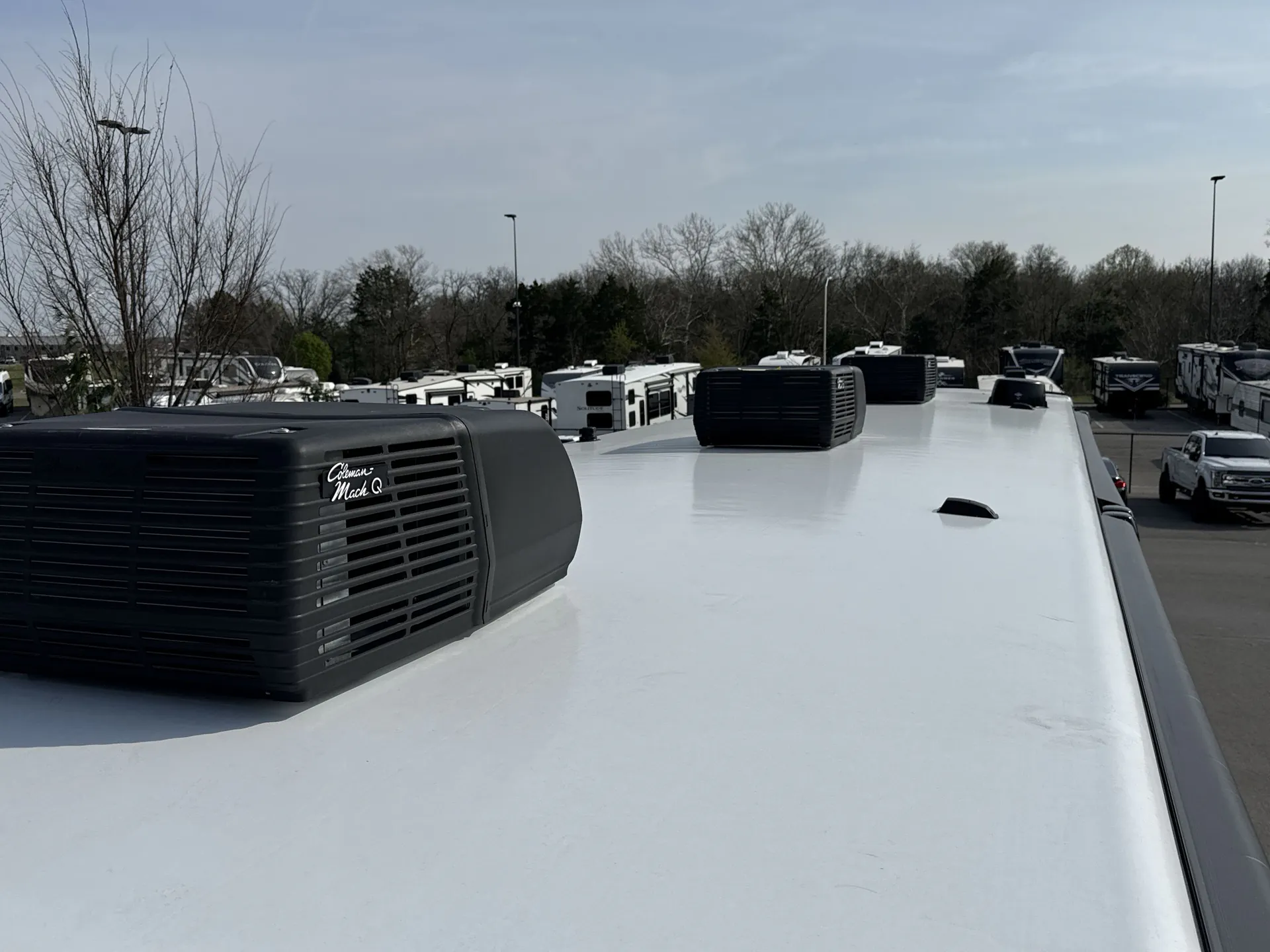 2026 Grand Design Foundation 42GD — The RV roof with multiple rooftop air-conditioning units and vents