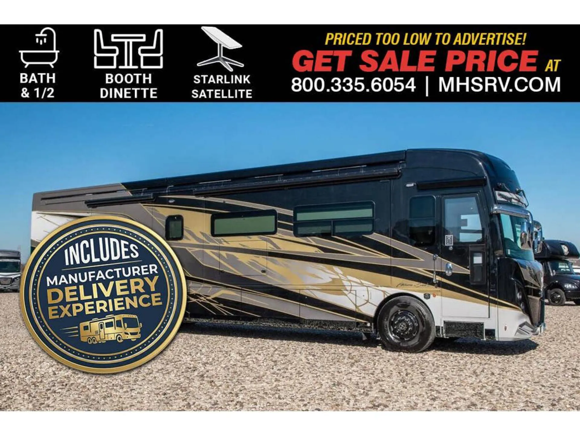 2026 American Coach American Dream 45A — The outside side/front of a motorhome parked outdoors; promotional text overlays the image