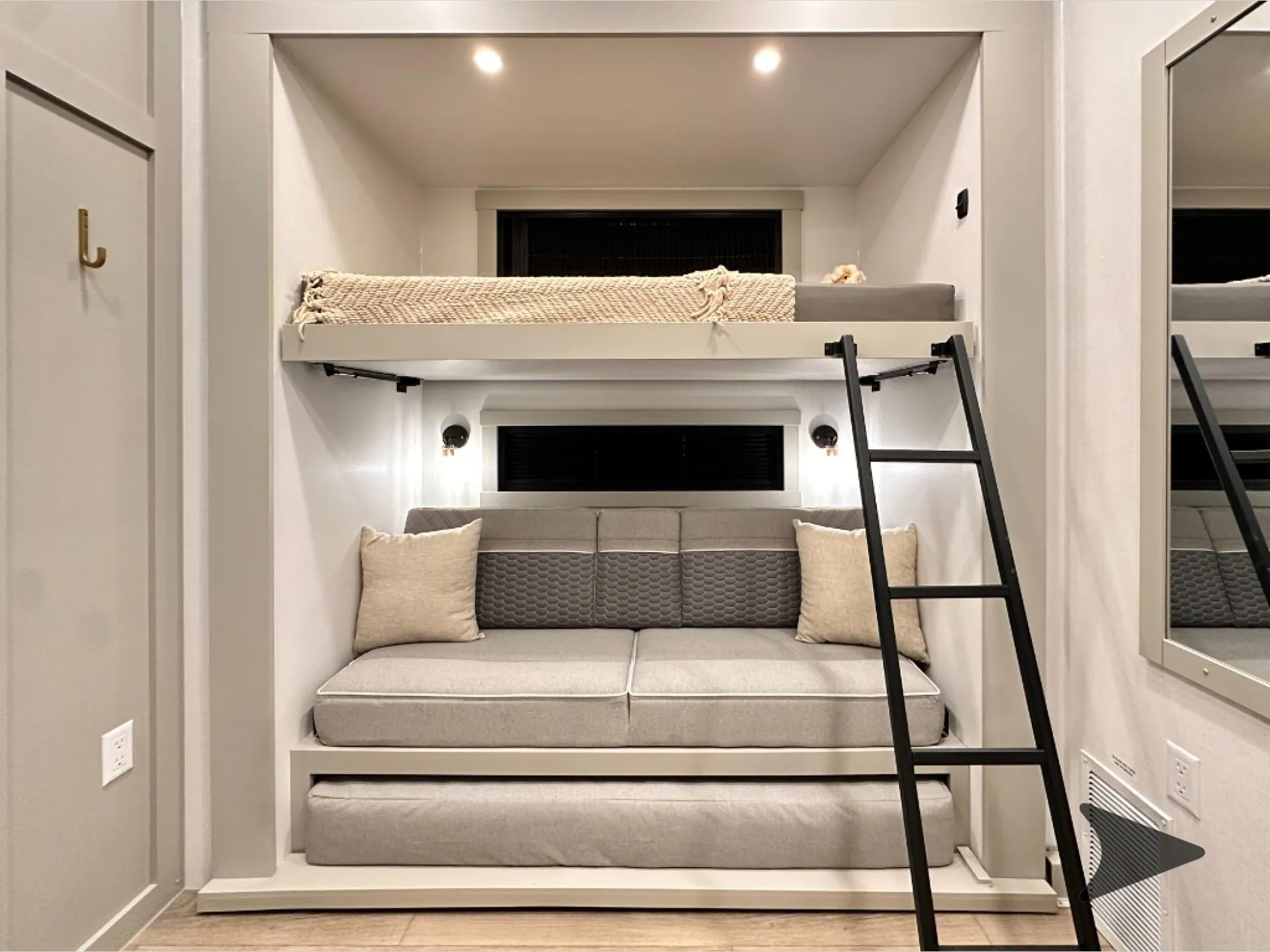2026 Brinkley Model Z 3610 — Overhead loft bed with ladder positioned above a sofa, with windows, lights, and vent visible