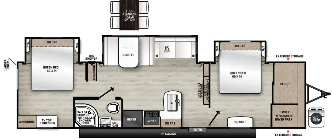 Forest River Aurora 34BHTS 2 QUEEN BEDS floor plan