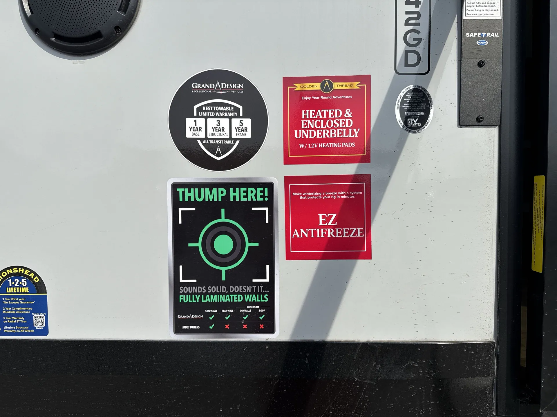 2026 Grand Design Foundation 42GD — Exterior decals, speaker, wall panels, and trim on the RV