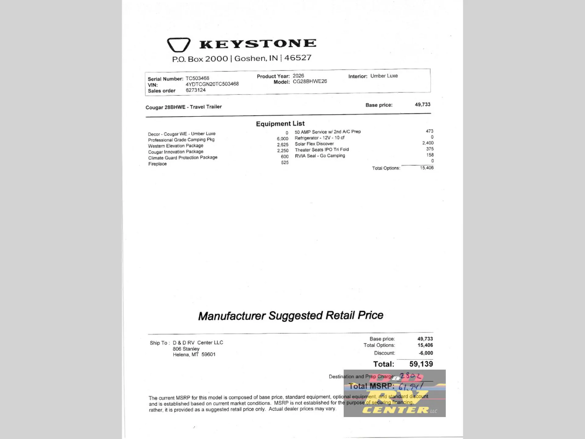 2026 Keystone Cougar Western 28BHWE dealer photo 2 from D&D RV Center