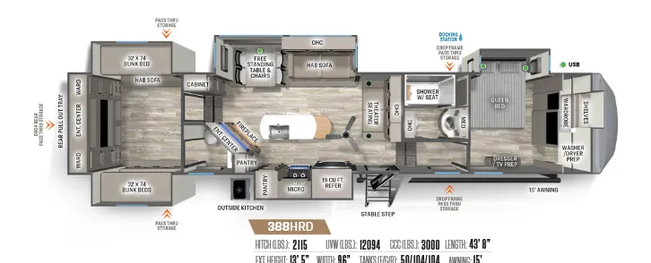 Forest River Sandpiper Luxury 388HRD floor plan