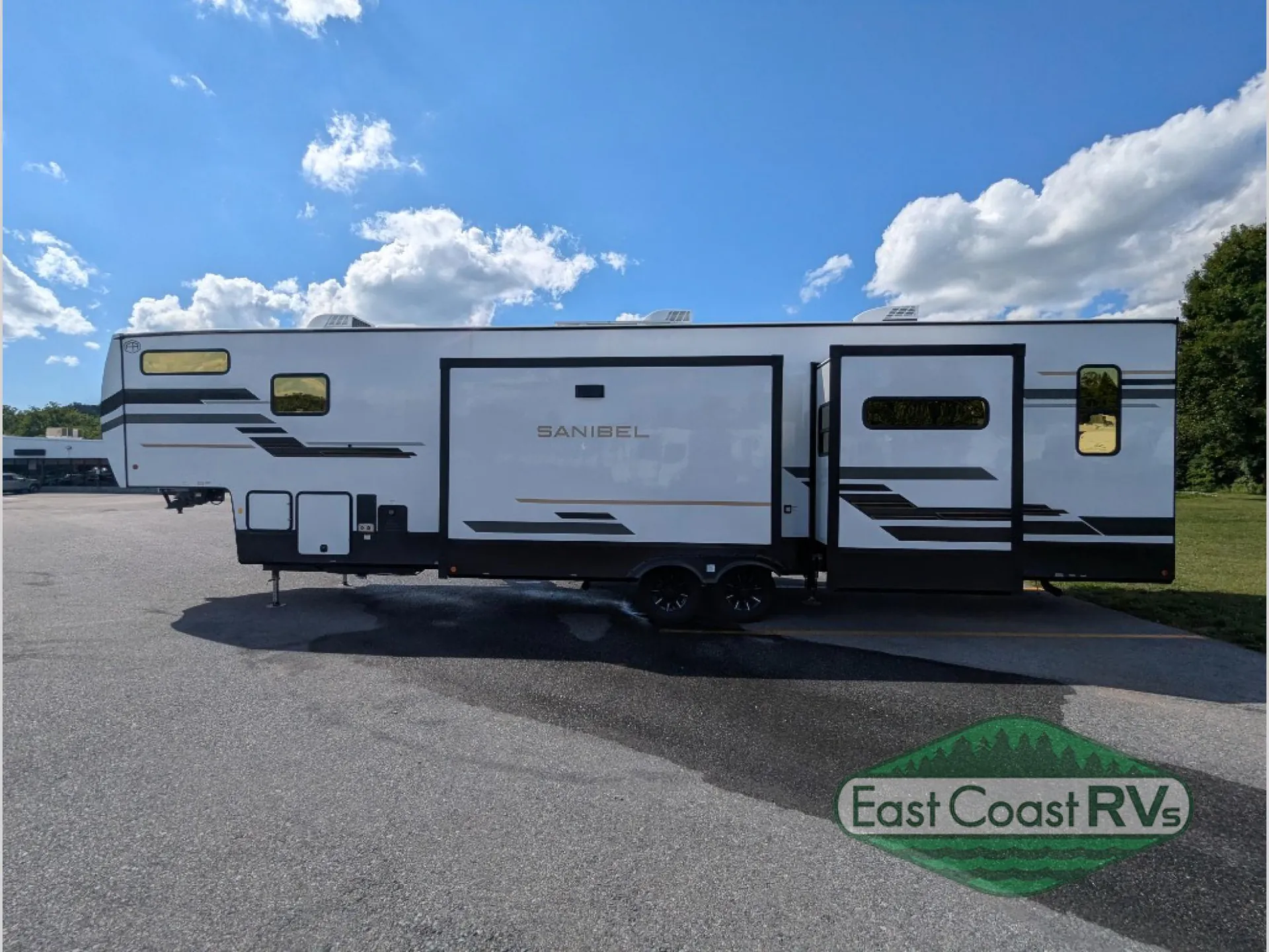 2027 Forest River Sanibel 40BUNK — The full exterior side of the fifth-wheel RV with deployed slide-outs