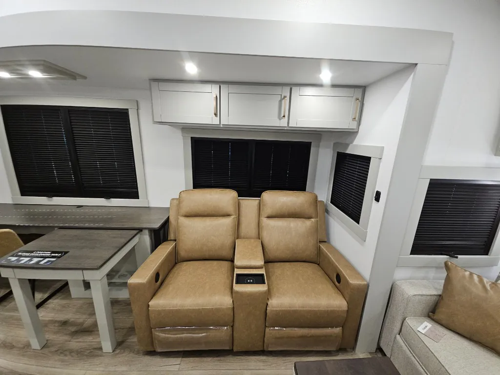 2026 Brinkley Model Z 3515 — Pair of powered recliners centered beneath windows beside an expandable dining table