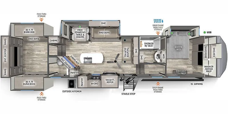 Forest River Sandpiper Luxury 388BHRD floor plan