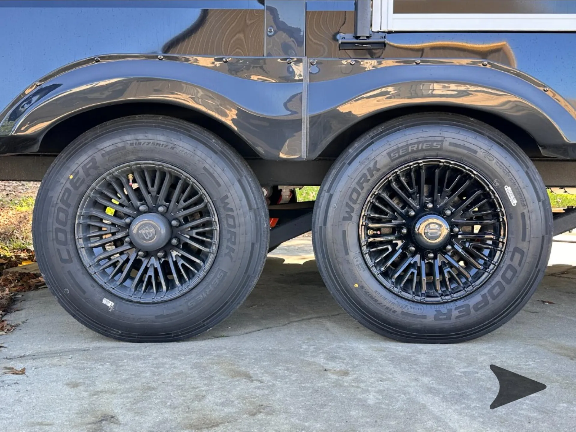 2026 Brinkley Model Z 3610 — Close-up photograph visibly shows the RV's exterior wheel and tire assembly