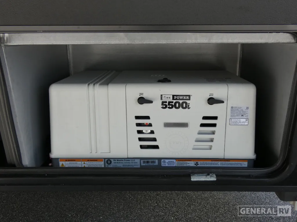 2026 Brinkley Model G 3250 — A Flex Power 5500i generator installed in an exterior compartment of the RV