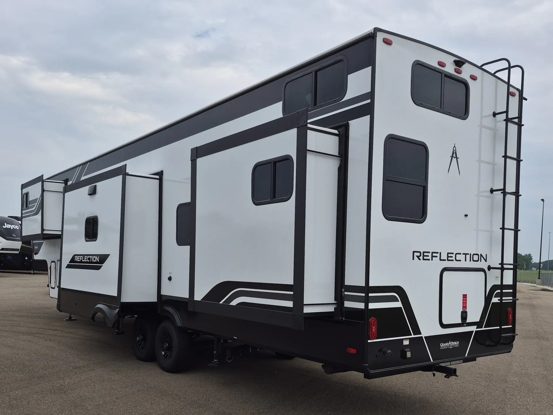 2027 Grand Design Reflection 362TBS — The physical RV's rear and curb-side exterior, windows, slide-outs, ladder, and body panels