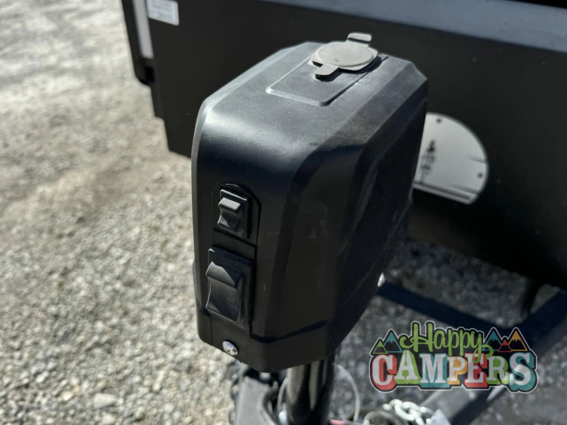 2025 Forest River IBEX RVS3 — Close photograph of the trailer hitch/electrical control hardware, an exterior mechanical feature