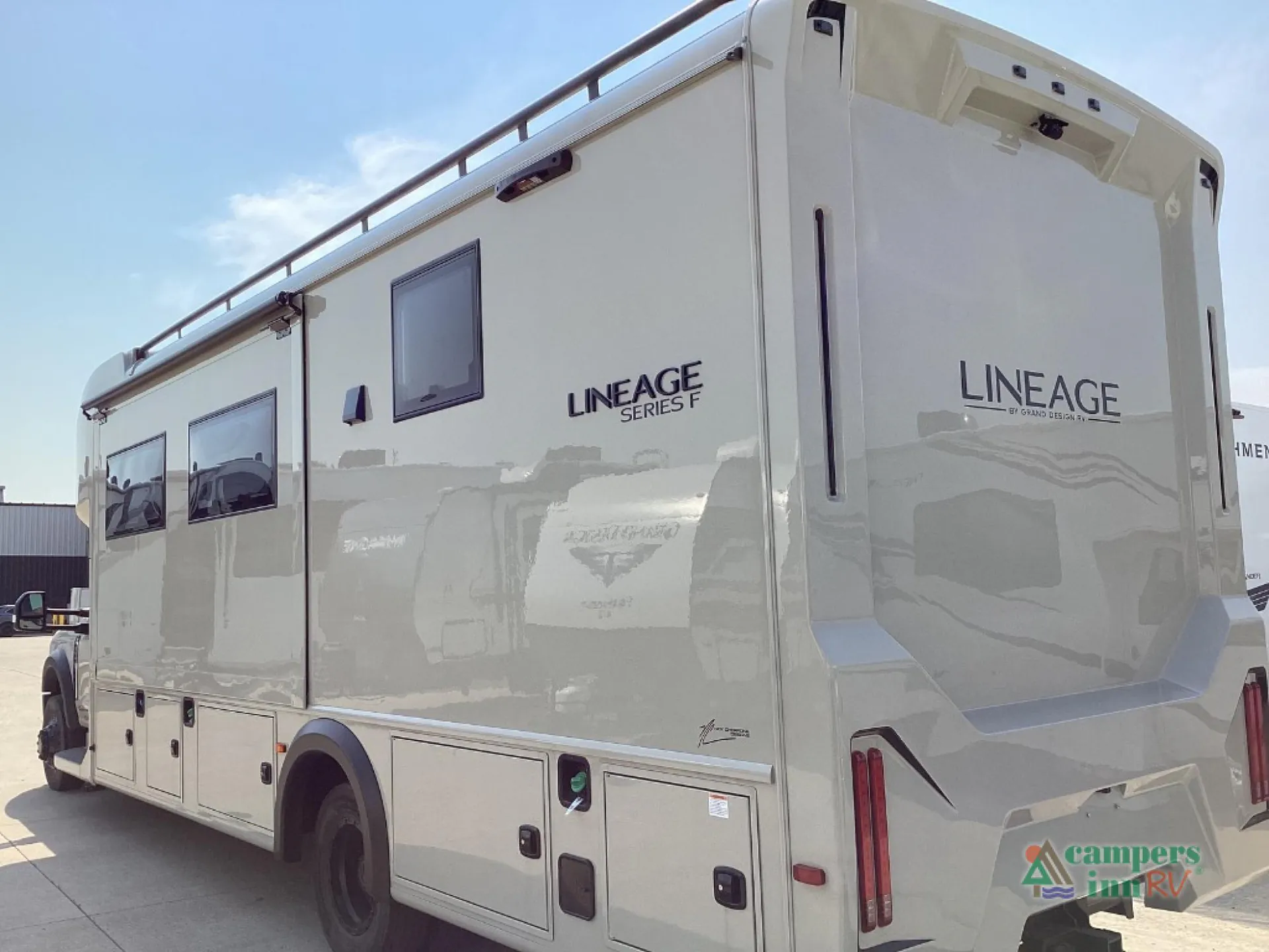 2027 Grand Design Lineage Series F 31ZW — Photograph clearly shows the outside rear and side body of the Lineage motorhome