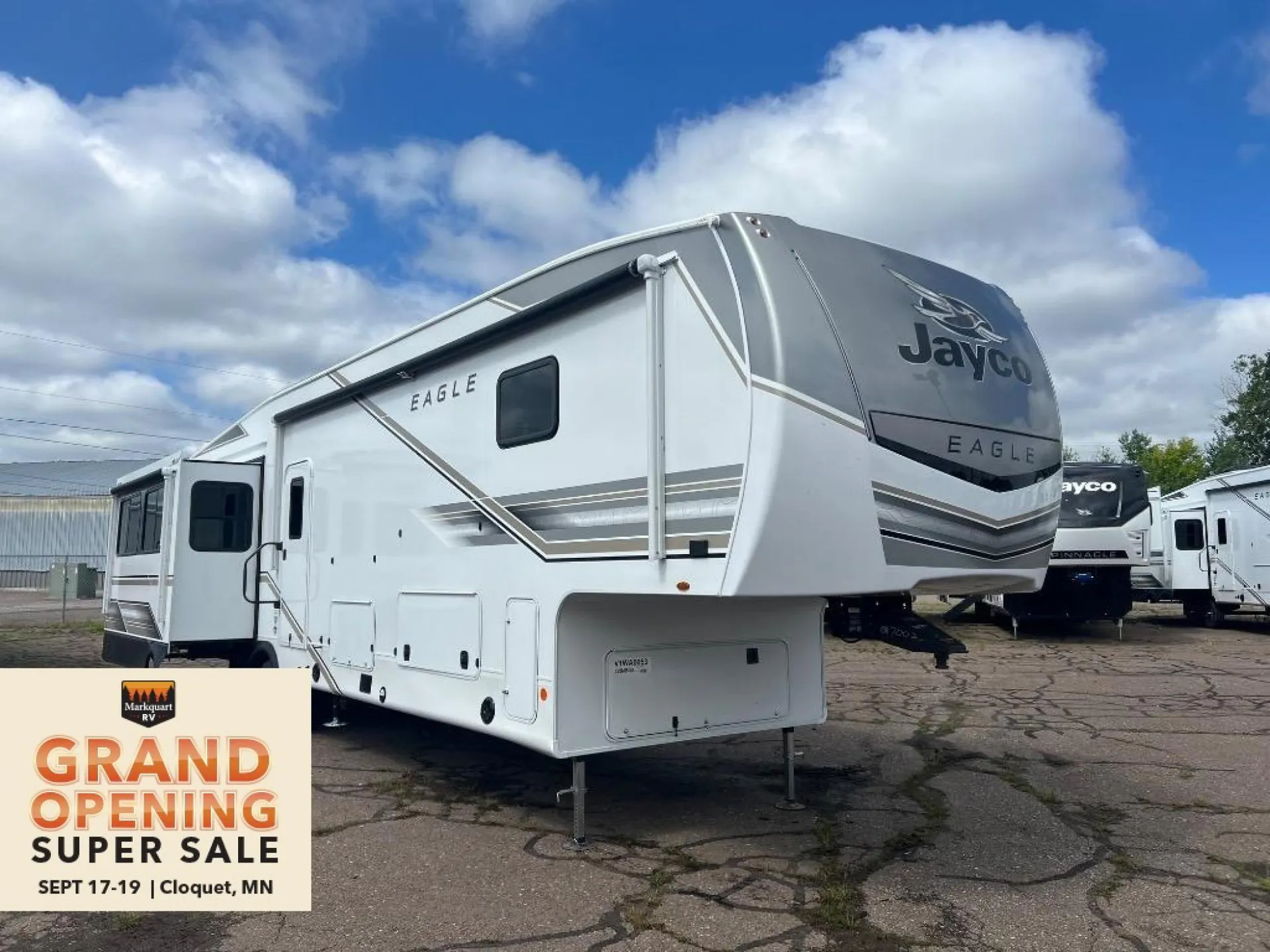 2027 Jayco Eagle 355MBQS — The outside front and side of a Jayco Eagle fifth-wheel RV