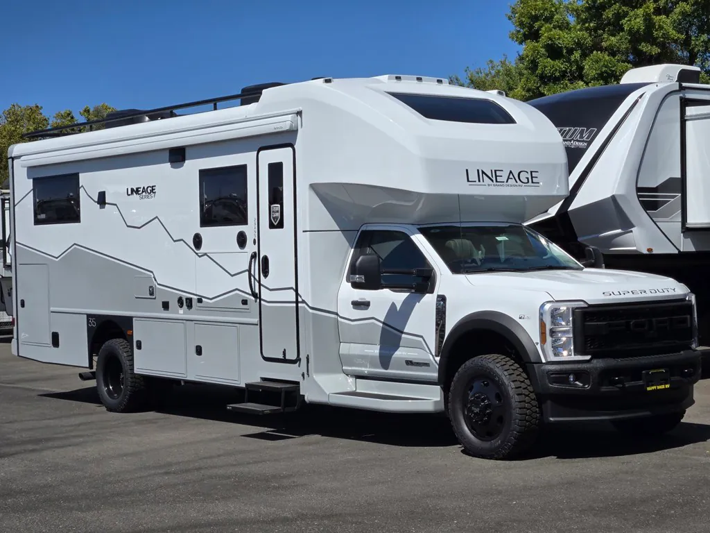 2027 Grand Design Lineage Series F 29AN5 — Photo visibly shows the complete exterior side and front of a Lineage motorhome