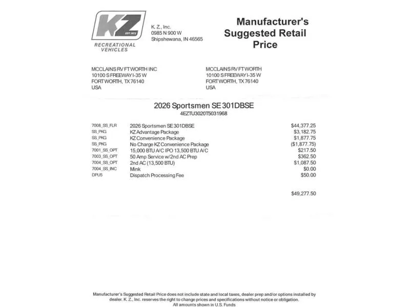 2026 KZ Sportsmen SE 301DB - Photo 3