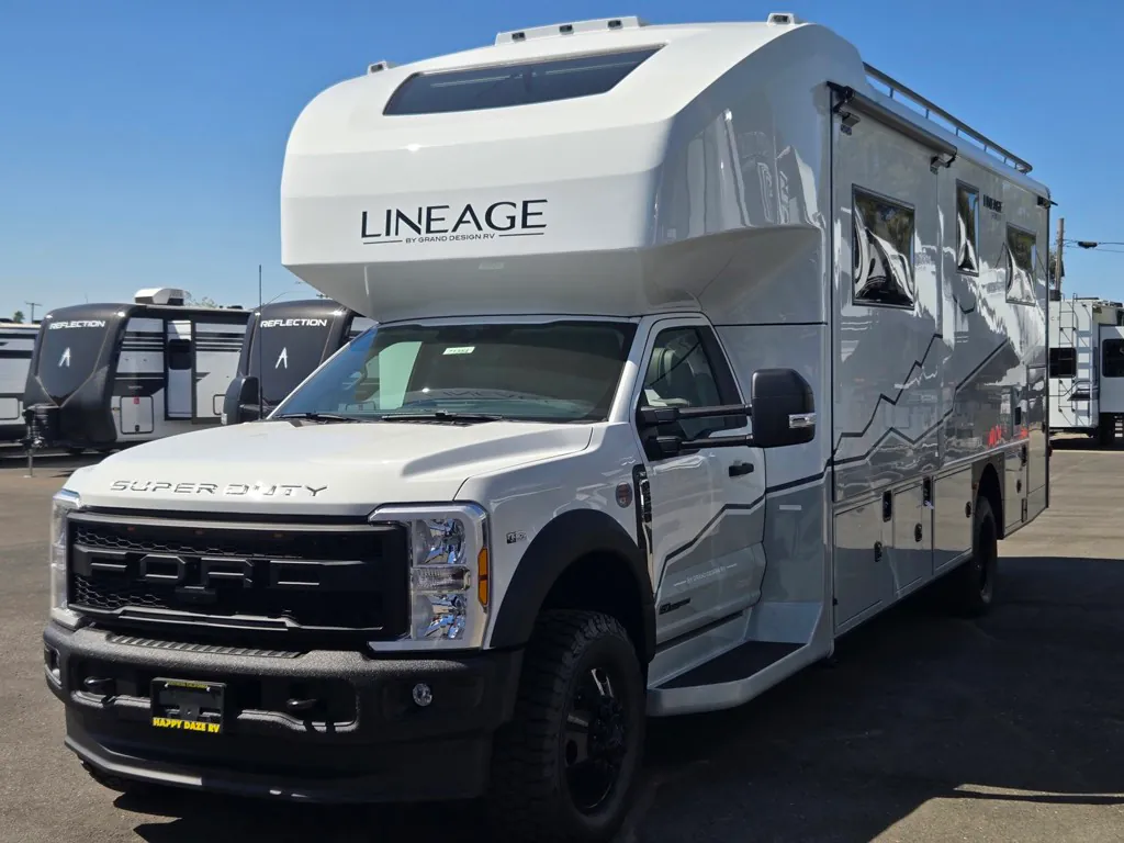 2027 Grand Design Lineage Series F 29AN5 — Three-quarter photograph visibly shows the motorhome's front and passenger-side exterior